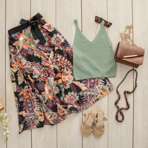 Black midi skirt with white flowers