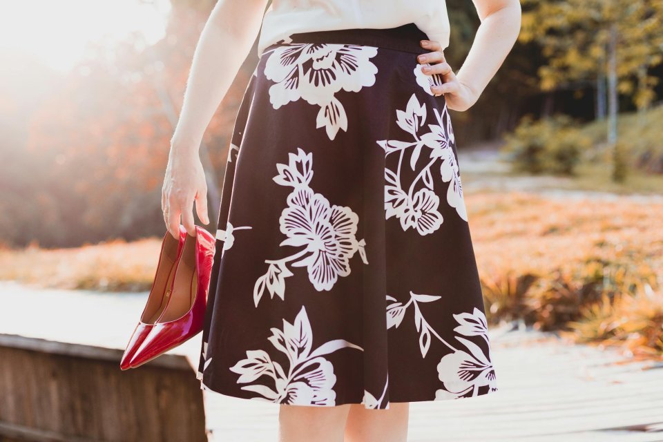 Black midi skirt with white flowers