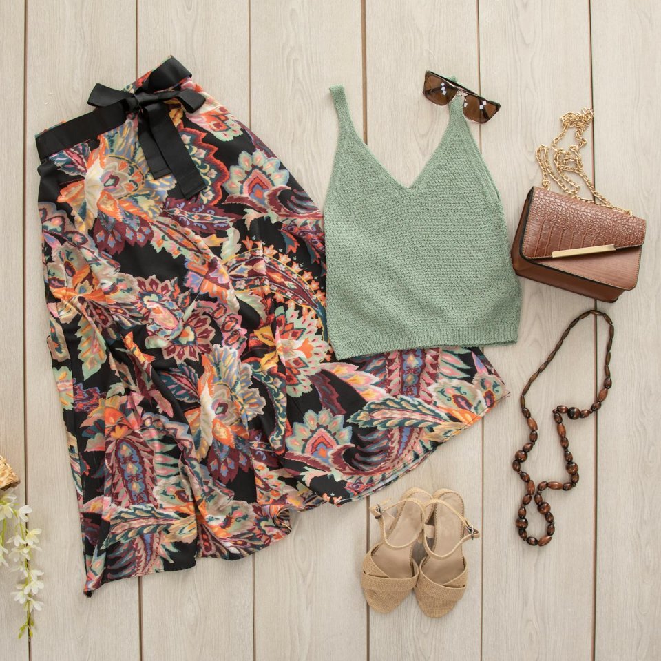 Black midi skirt with white flowers